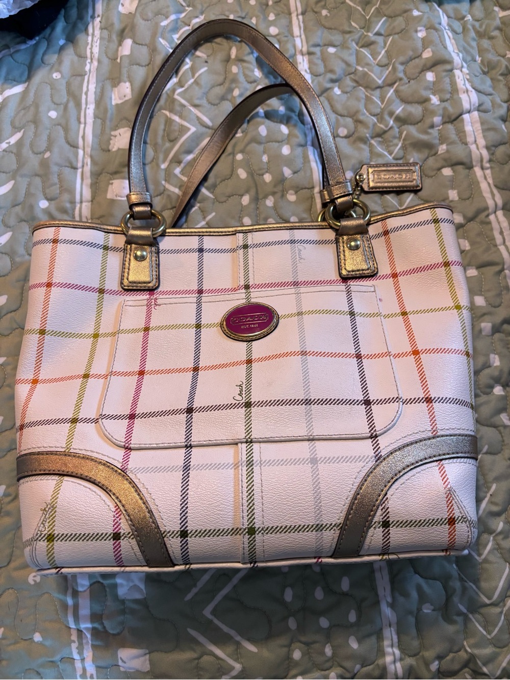Coach White Plaid Leather Tote with Multicolor Stripe Accents